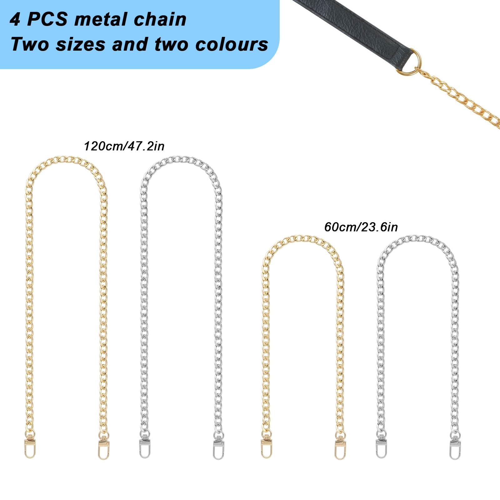 4 Pcs Silver Gold Bag Chain, Metal Shoulder Straps for Handbags Purse Replacement Chain for Cross Body Bags 23.62 Inch/47.24 Inch - Image 2