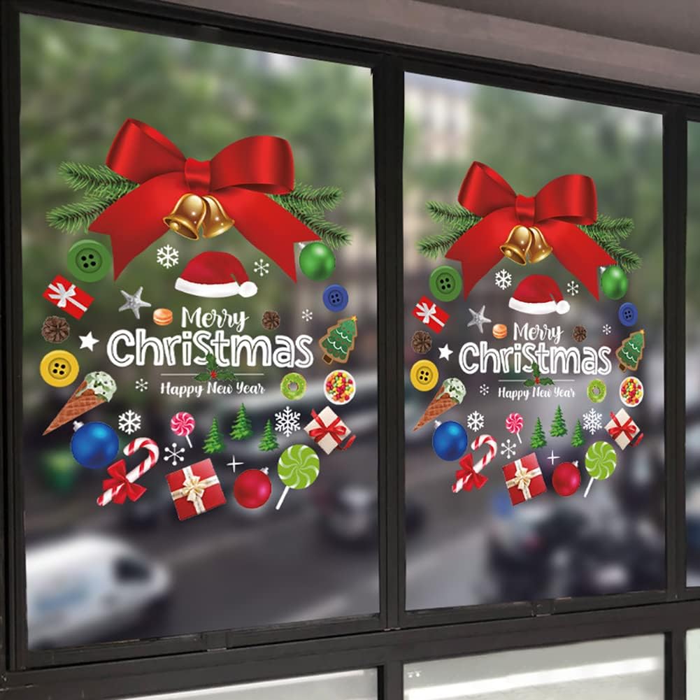 2 Pack Merry Christmas Window Stickers, Christmas Decals for Windows, Christmas Window Decorations, Glass Window Winter Stickers, Reusable PVC Static Self-Adhesive Decorations (A-3Pack)