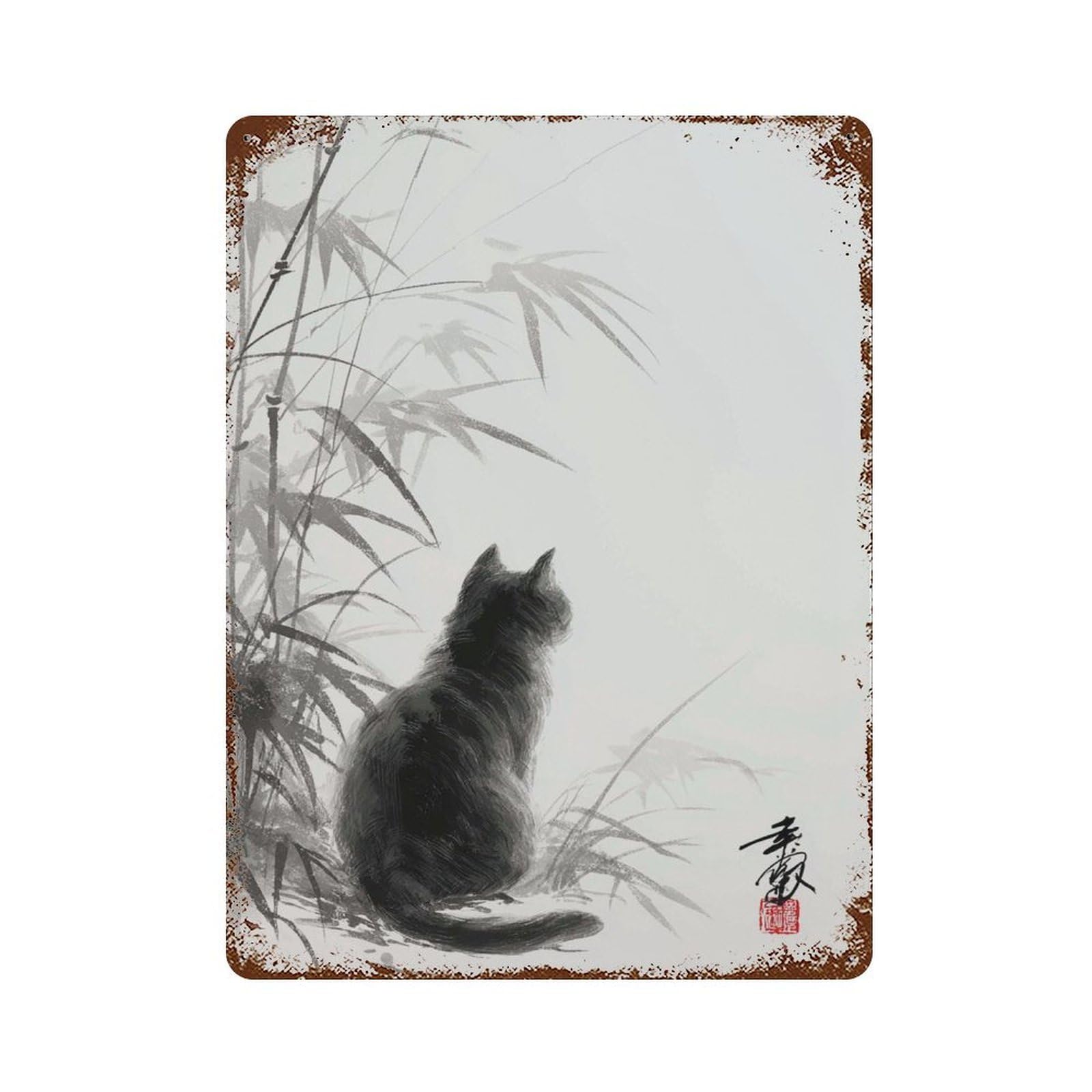 xiaoxiaoshen Japanese Cat Zen Black Ink Brush Painting Minimalist Sumi Wall Decor Art Metal Tin Poster Modern Home Decor Art Home Bar Shop Decorations Vintage Sign 40x30cm