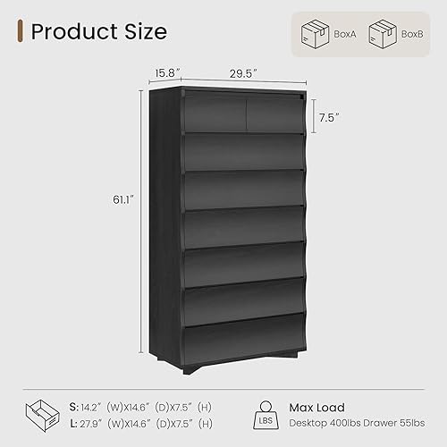 Miniatura 2 de Cómoda alta negra para dormitorio, cómoda de 61.1 pulgadas de alto con 8 cajones, cómodas de madera y cómodas, organizadores de cajones verticales