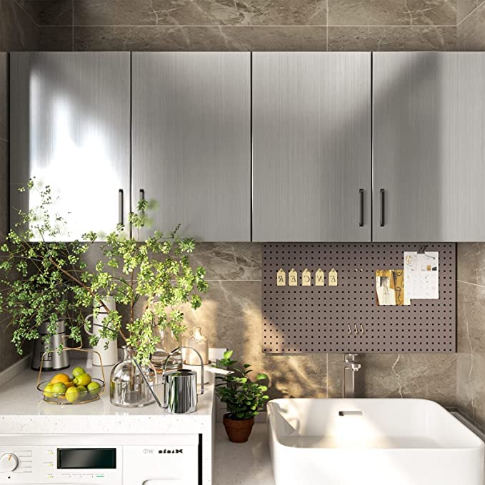 Image of WALLMATE Stainless Look Vinyl Contact Paper Peel and Stick Wallpaper for Kitchen Backsplash Self Adhesive Wallpaper Dishwasher Fridge Appliances (24 x 80 inches)