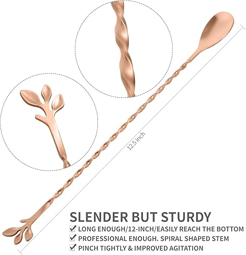 Miniatura 2 de AnSaw Cuchara de barra de mango de hoja de 12 pulgadas, 3 agitadores de mezcla de cóctel de mango largo, acero inoxidable, oro rosa