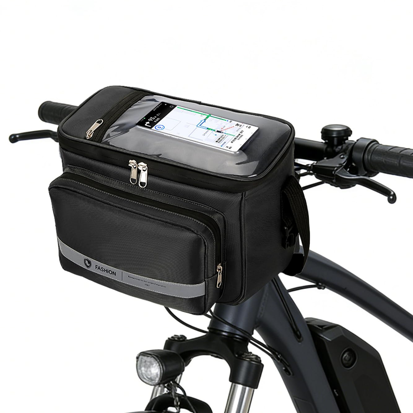 JIANFA Bike Handlebar Bag, Phone Holder Touch Screen for Bicycle, Large Capacity 7L Reflective Front Bike Bag, Waterproof Cycling Handlebar Basket Storage 32×24×24cm - Black