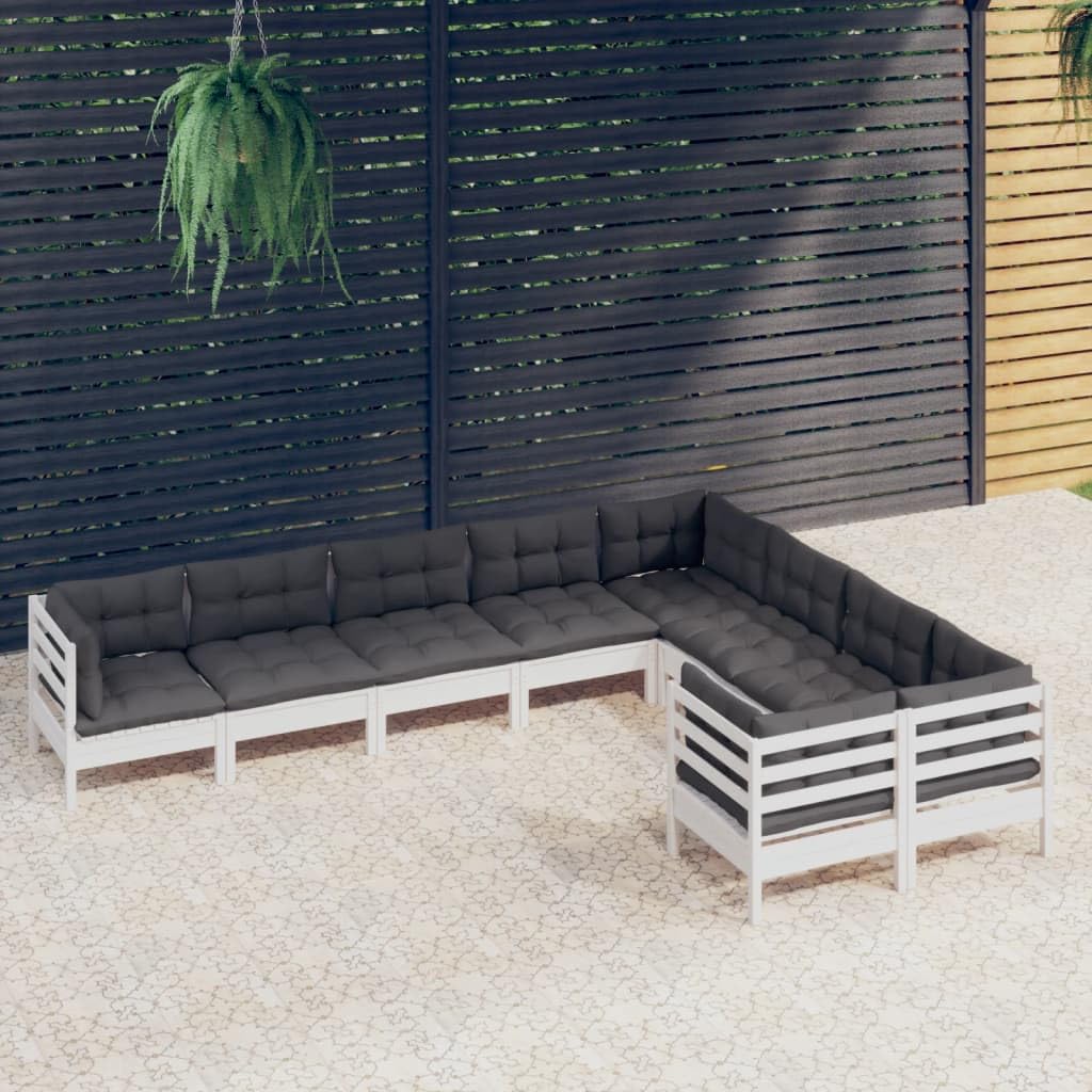 9-częściowy zestaw mebli ogrodowych, białe drewno sosnowe, modułowe meble outdoorowe na taras i balkon z antracytową poduszką
