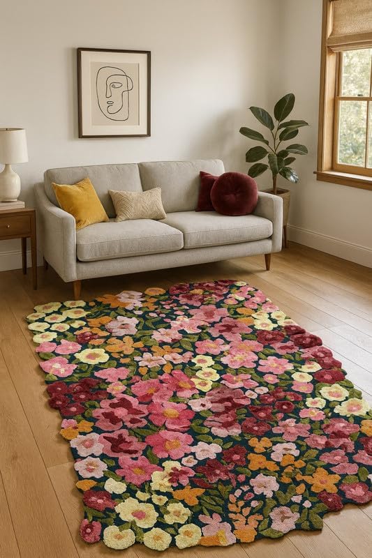 Handmade Floral Area Rug, Multicolor Botanical Design Carpet for Living Room Bedroom Home Décor, Premium Artisan Crafted Floor Rug-6X9 FEET