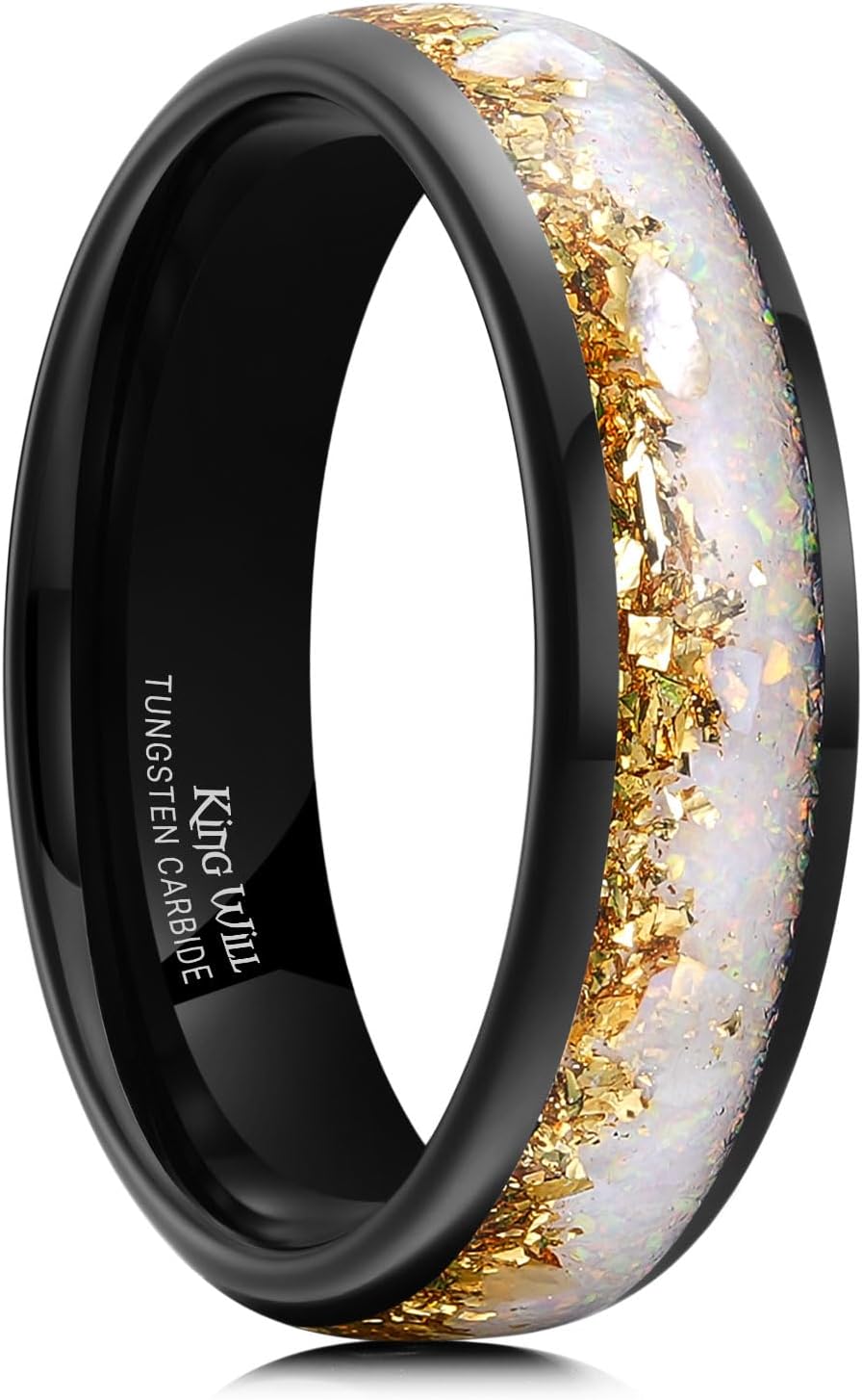 King Will Tungsten Rings Black Mens Wedding Band Opal Stones Gold Foils Inlay