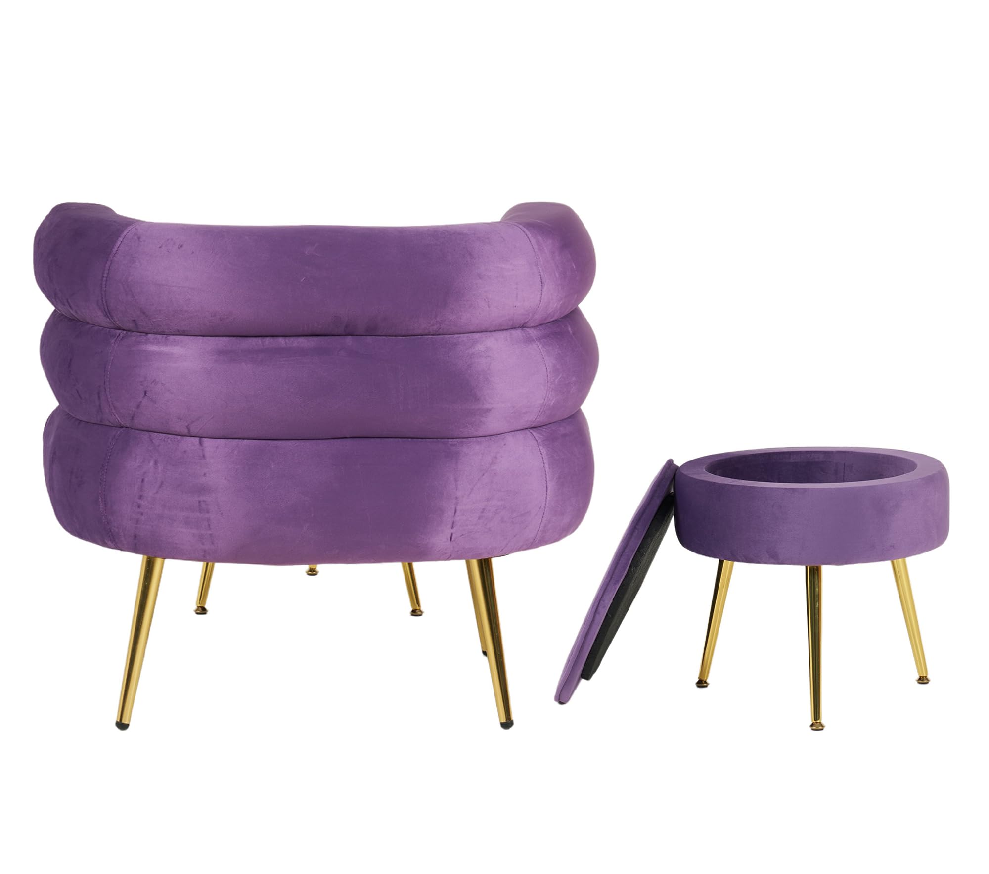 IlGruppone Poltrona Camera da Letto e Salotto in Velluto con Poggiapiedi Contenitore - Poltroncina Relax Moderna con Gambe in Metallo Placcato Oro - Design Moderno - Viola