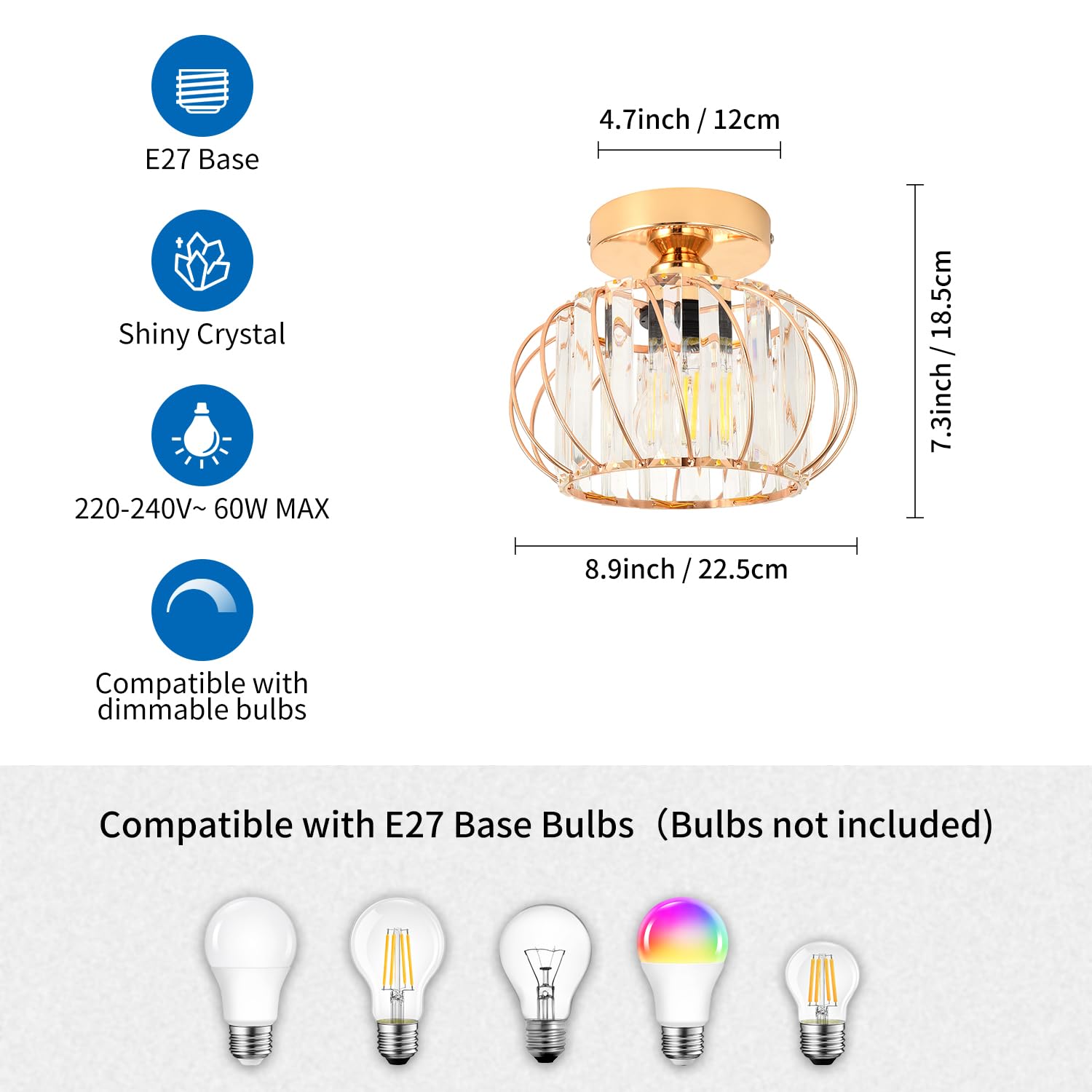 Lustre Cristal Doré Moderne 40cm - Plafonnier LED E27 Pour Salon, Chambre Ou Salle à Manger
