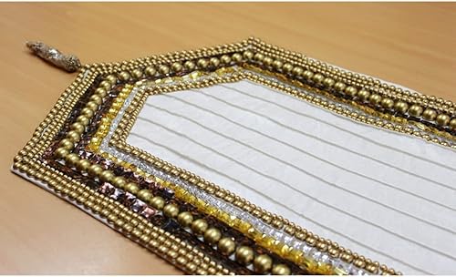 Miniatura 2 de The HomeCentric Camino de mesa decorativo marfil, 14 pulgadas de ancho x 72 pulgadas de largo, camino de mesa de cuentas de seda con cuentas