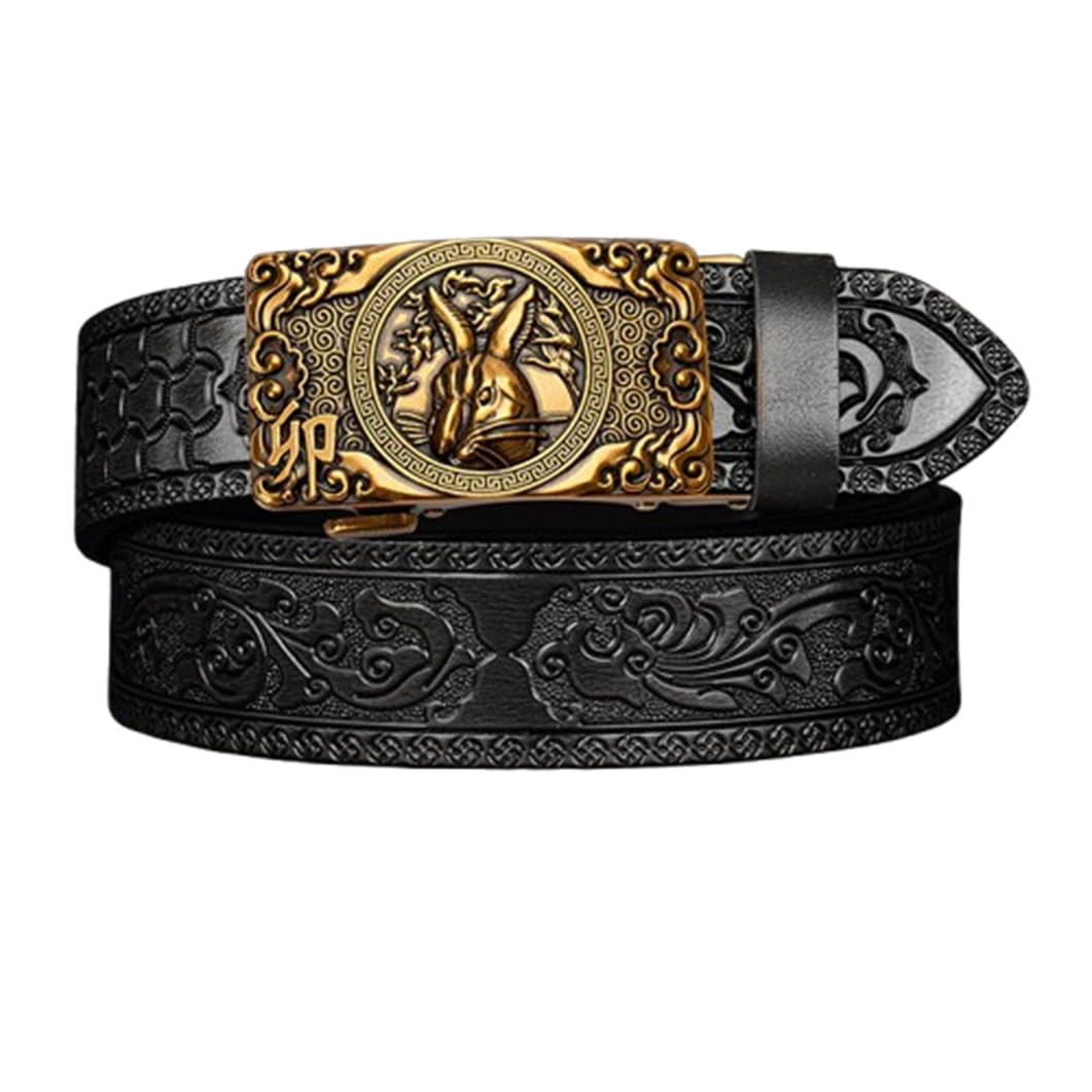Agutalithic Men's Rabbit Wo Slide Ratchet Belt Embossed Black Strap Automatic Ratchet Buckle Engraved Animals Of The Chinese Zodiac(105Cm/41, )