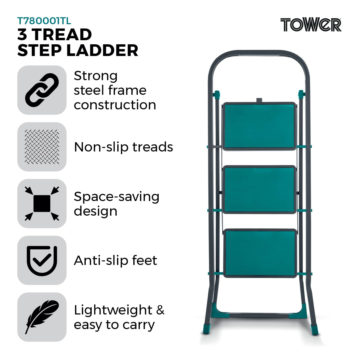 Tower Escalera de 3 peldaños, Marco de Acero Plegable con peldaños y pies de Goma Antideslizantes, diseño Compacto y Ligero, Capacidad máxima de 150 kg, Antracita y Verde Azulado, T780001TL