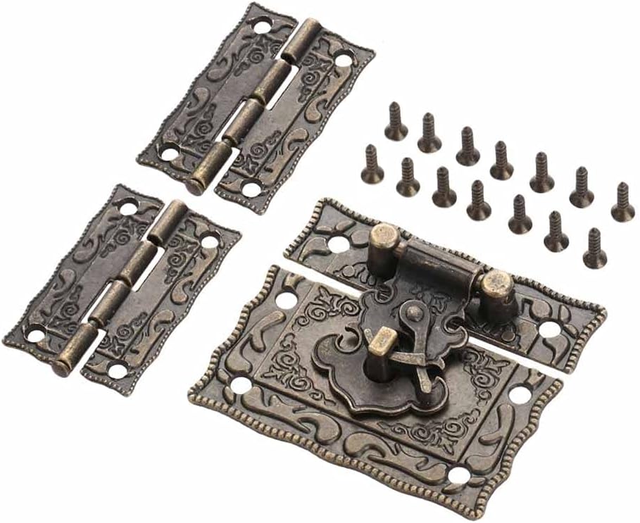 Antique Bronze Padlock Lock Jewelry Wood Box Latch Hasp Clasp +2pcs Suitcase Cabinet Hinge Vintage Furniture Decorative Hardware