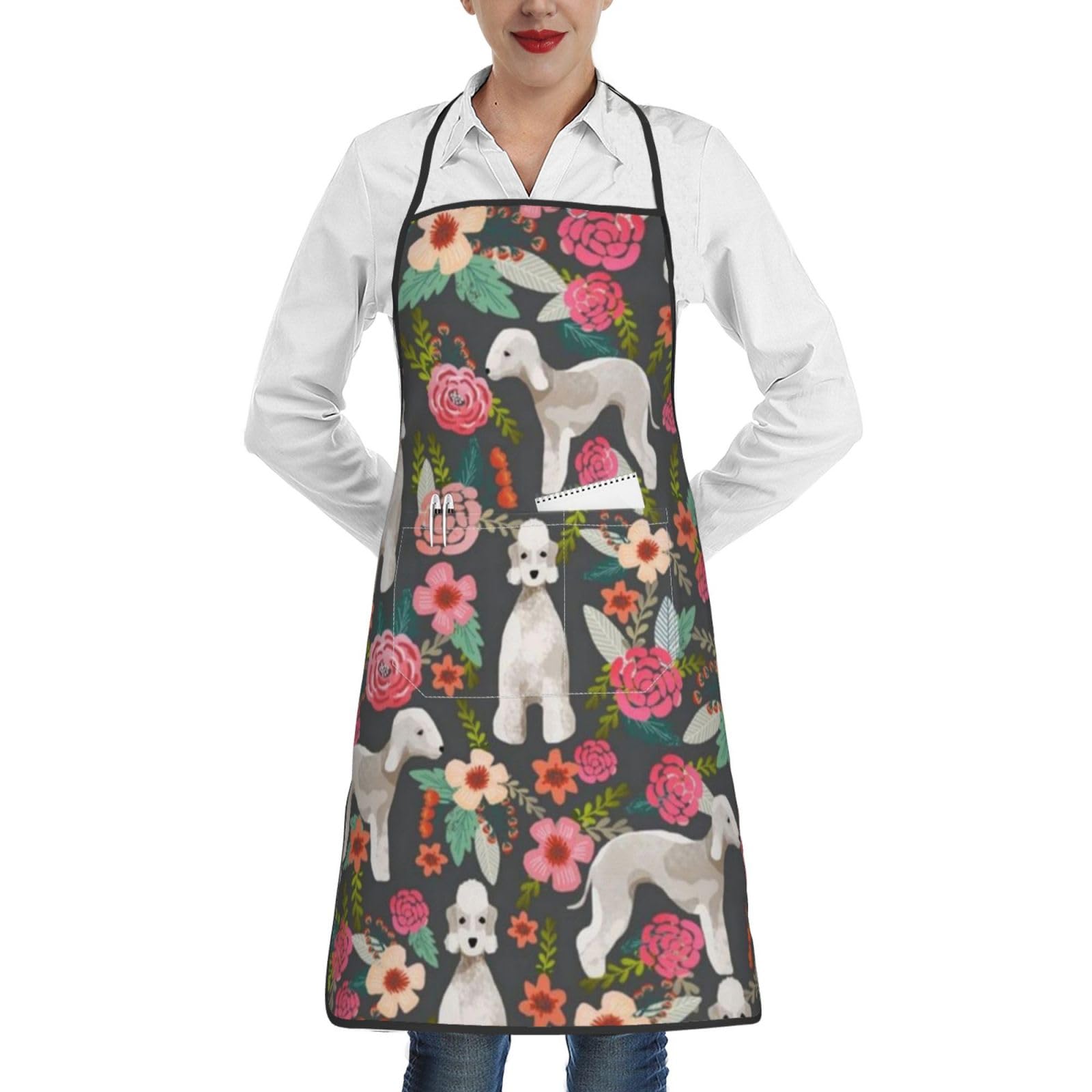 YsoLda Kitchen Aprons,Cooking Apron With Pockets,Waterproof Chef Apron Adjustable Bib Aprons,Bedlington Terrier Florals Dog