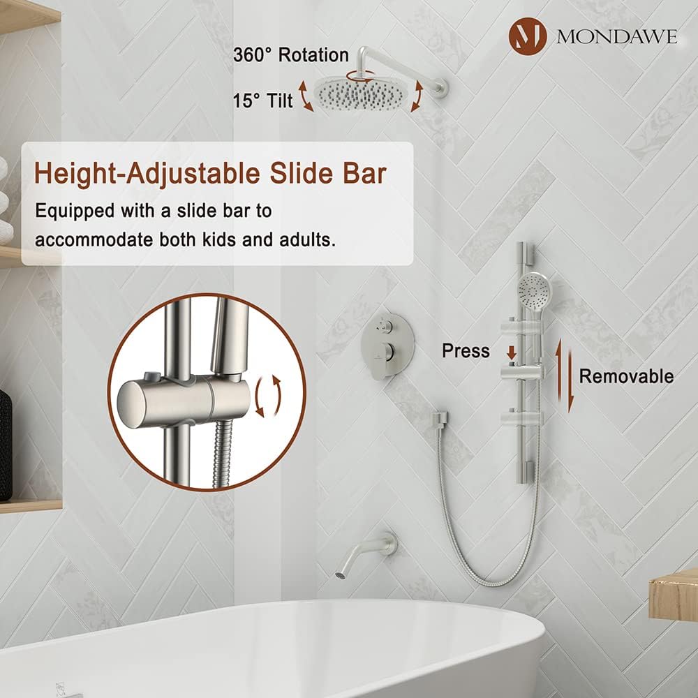 Height-adjustable slide bar for handheld shower with 360 degree rotation and 15 degree tilt