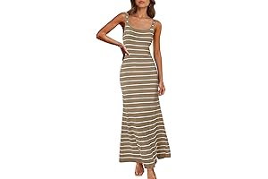 Women's Sleeveless Striped Bodycon Maxi Dress Square Neck Ribbed Knitted Tank Sweater Dress