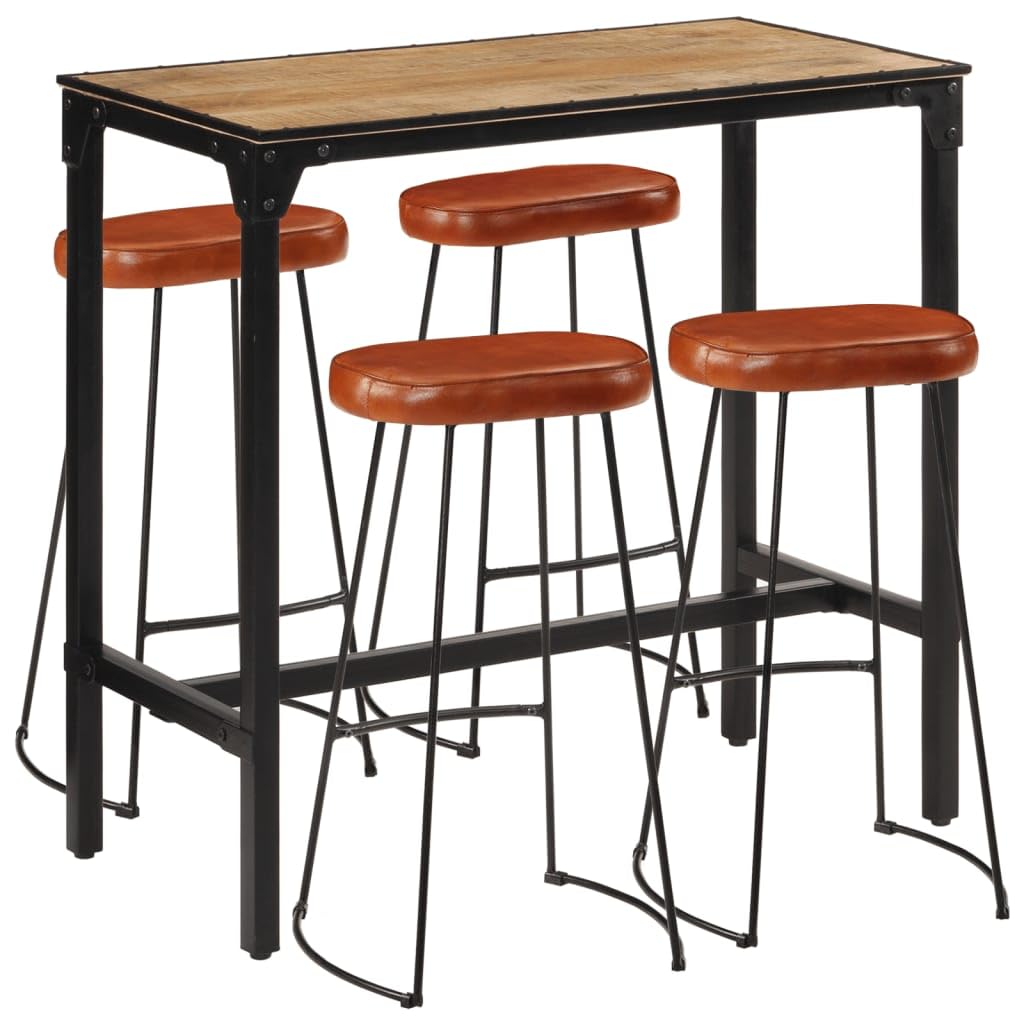 Set da bar da 5 pezzi in legno di mango grezzo e metallo con 1 tavolo da bar 110x55x107 cm e 4 sgabelli da bar imbottiti, set di mobili da pranzo moderni per cucina soggiorno famiglia ospiti