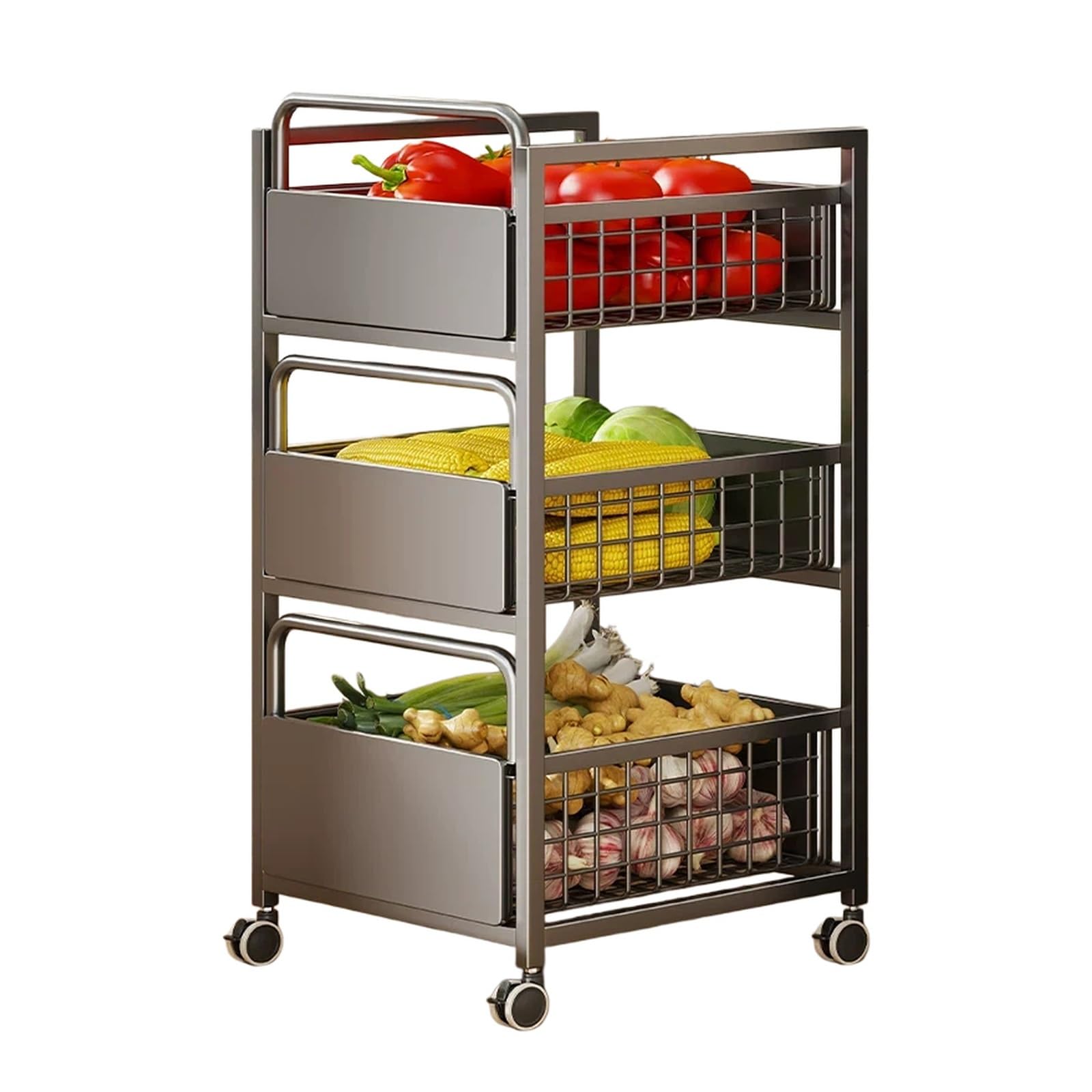 Ljhfg63kuyt Black Multi-Purpose Rolling Kitchen Storage Cart 3-Tier Vegetable And Fruit Basket Organizer Shelf(Black)