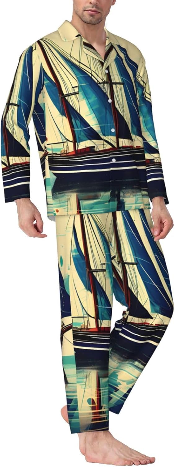 Sailboat Ship Landscape Print Luxurious Mens Pajamas Set,Breathable Pajamas Set,Perfect For Lounging Bed,Sofa