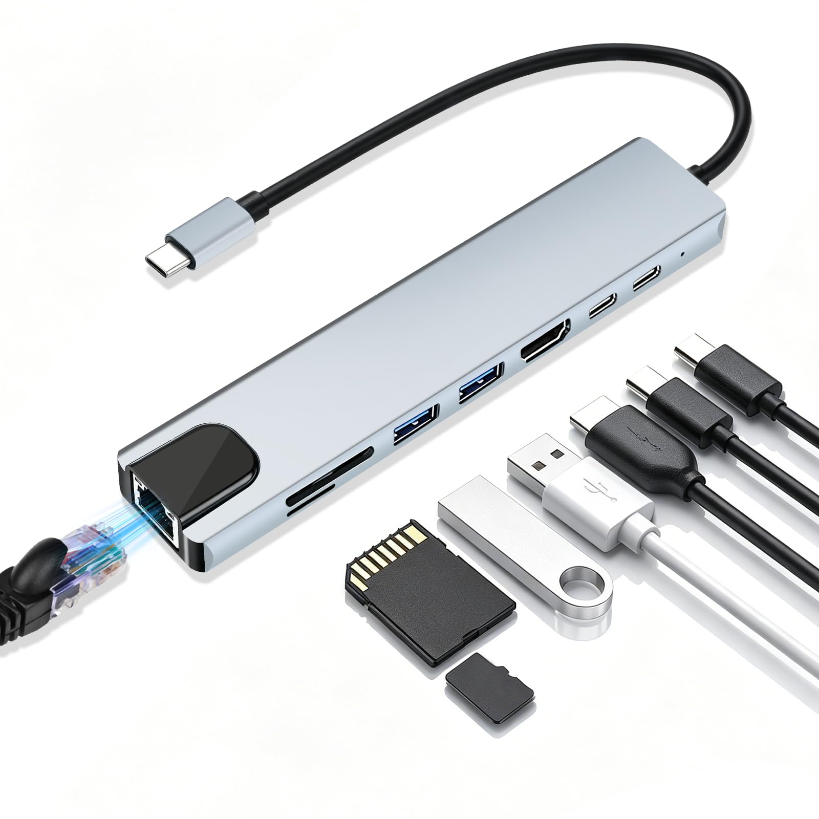 Docking Station USB-C 8-in-1 Con HDMI 4K 30Hz, PD 100W, RJ45 Ethernet, Lettore SD/TF, USB 3.0/2.0 – Per MacBook, IPad E Laptop