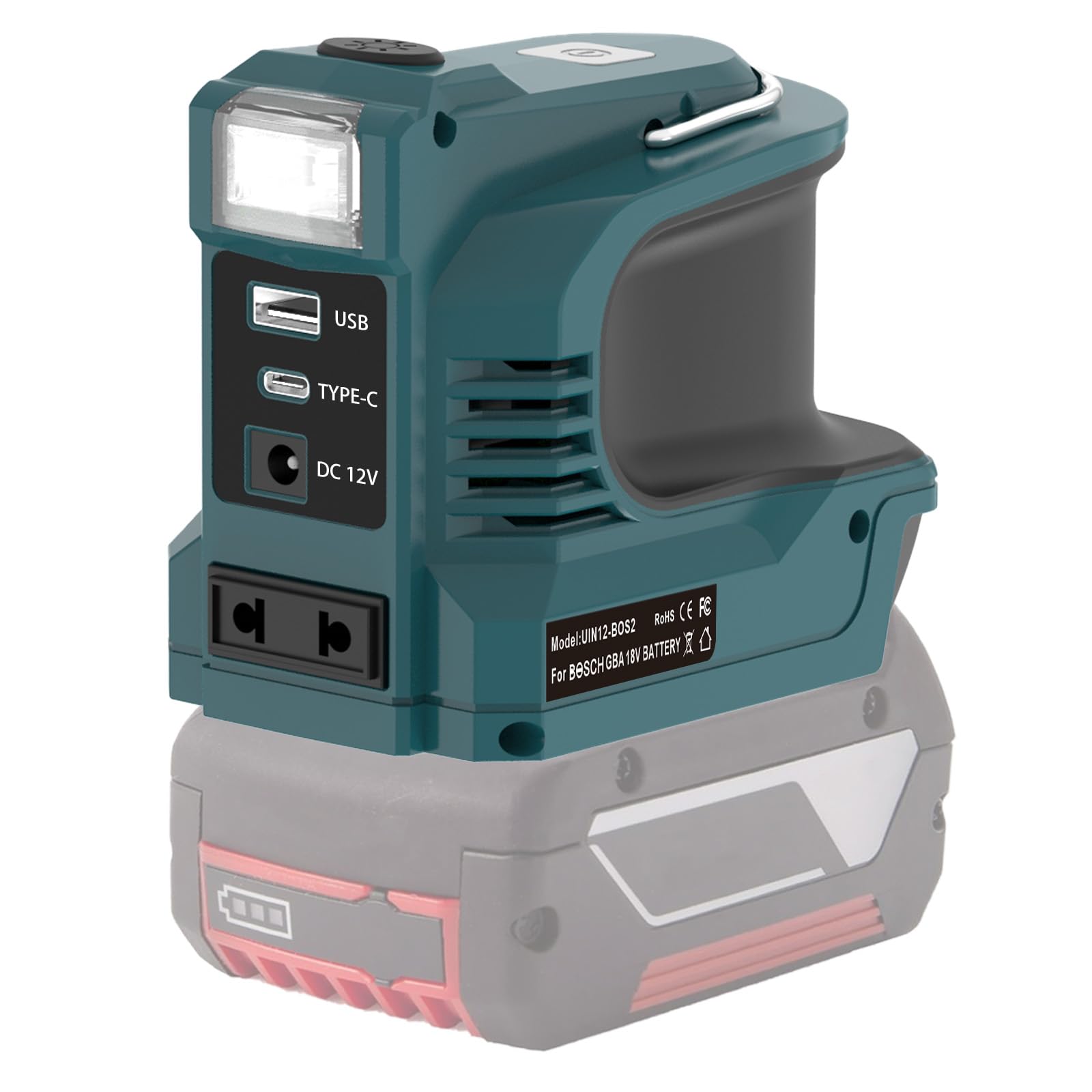 220W Wechselrichter für Bosch 18V GBA Akku, DC 18V zu 220V Inverter mit USB QC3.0 & Type-C PD 18W, LED Licht, 12V/5A DC Ausgang