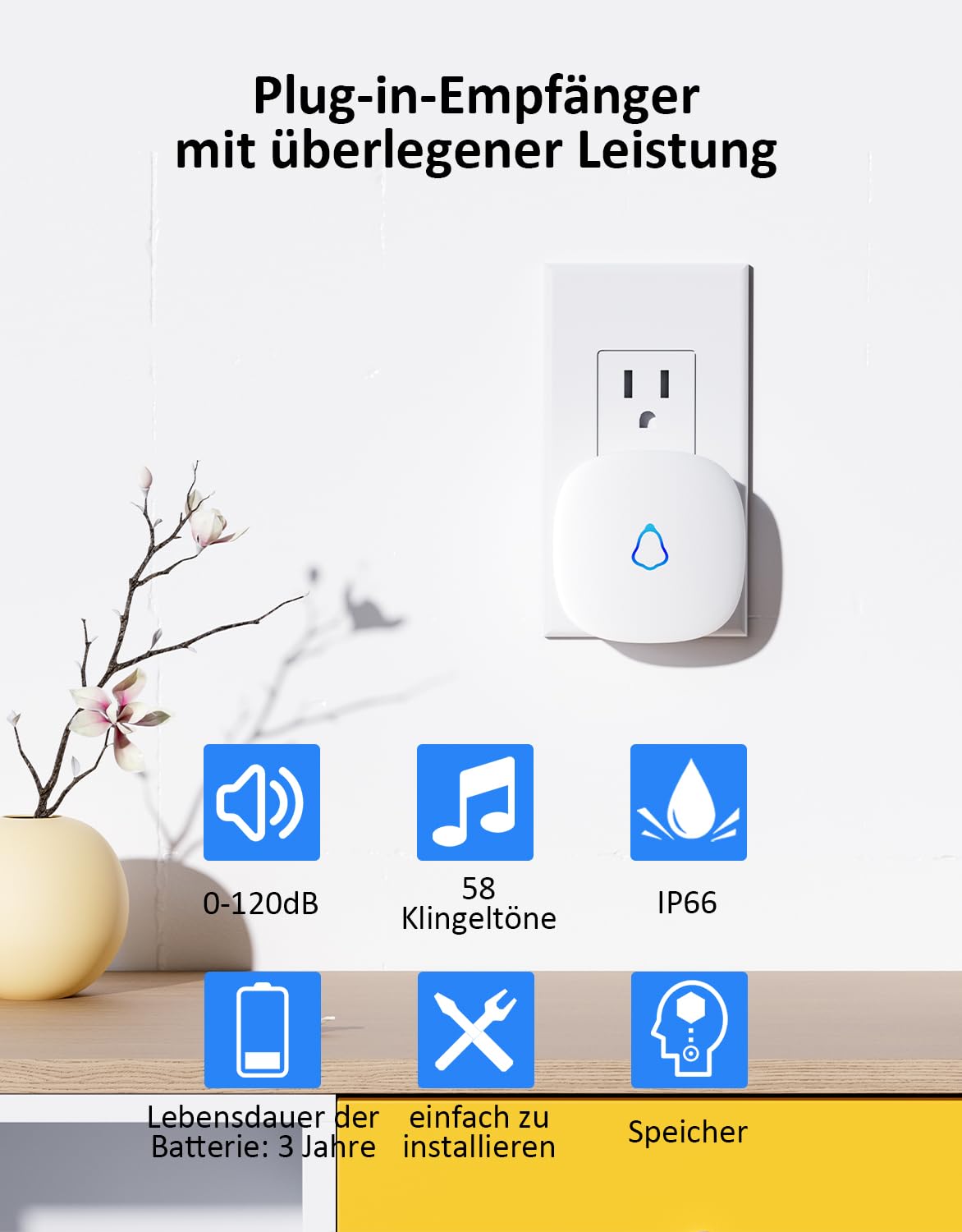 SECRUI Funkklingel Türklingel Set für Haustür, 3 Empfänger + 2 Sender, Funk Tür Klingel, Kabellos Doorbell mit 58 Melodien, 0-120dB 5 Lautstufen, LED-Licht, 300 m Reichweite, IP55 Wasserdicht, Weiß