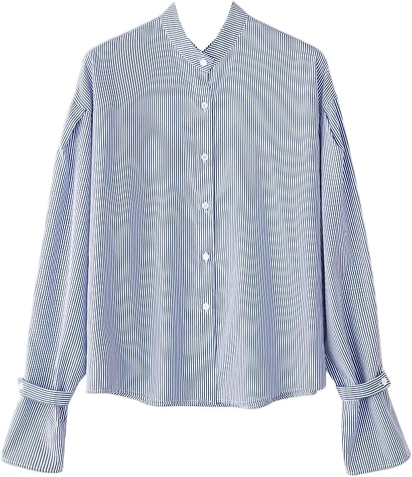 Men Spring Autumn Striped Stand Collar Long Sleeve Button-Down Shirt Loose Casual Top