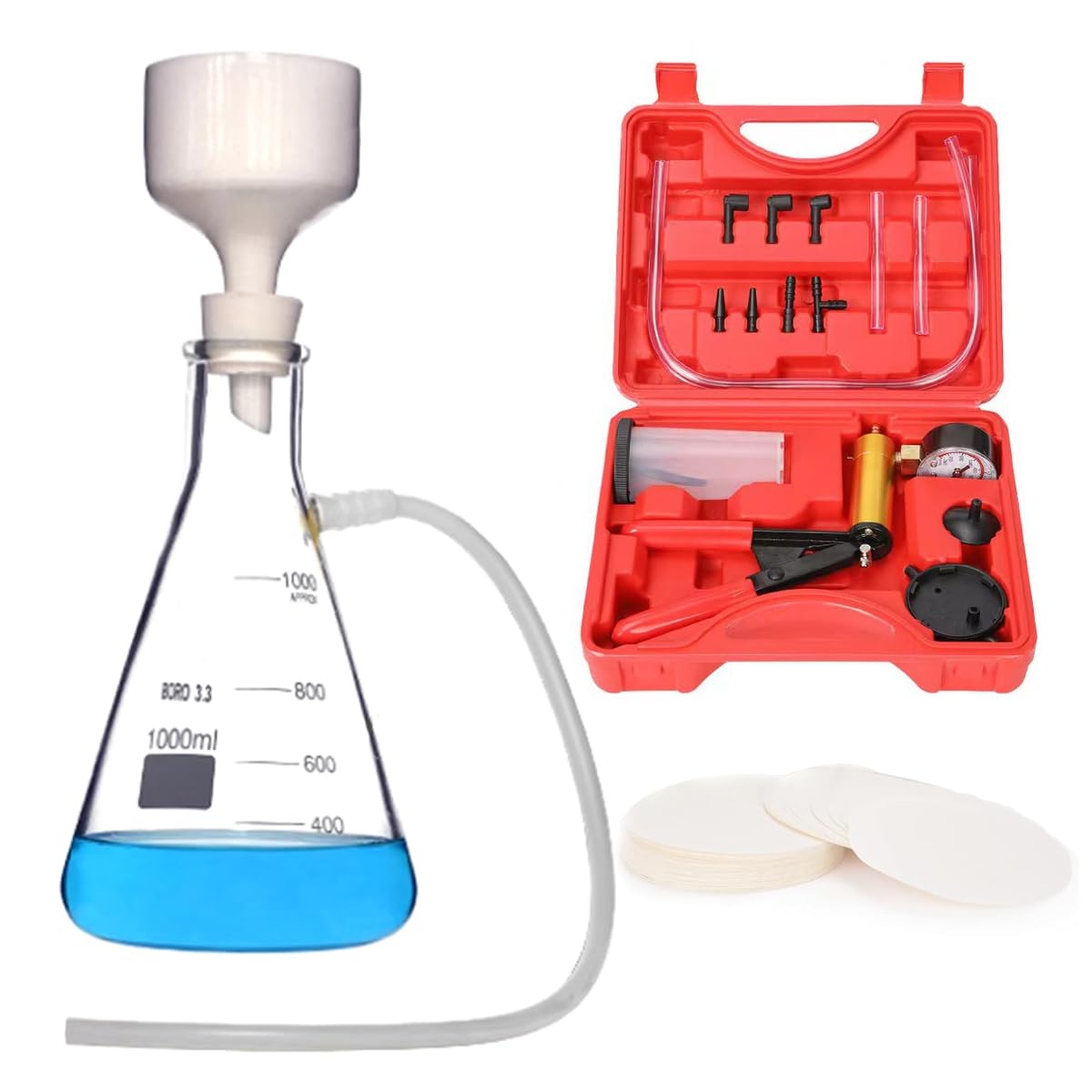 Kit di filtraggio sottovuoto da 1000 ml, per laboratorio di filtrazione sotto vuoto, con pompa di filtrazione sottovuoto, boccetta filtrante, imbuto Buchner, carta da filtro, tubo in gomma e tappo