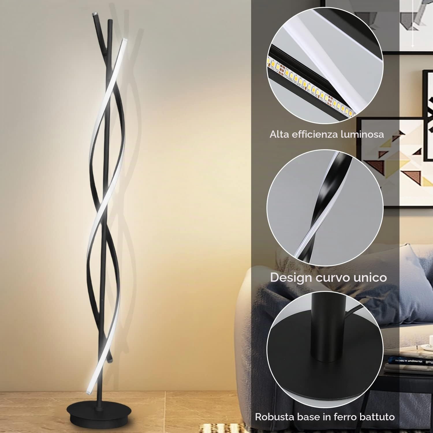 Lampada da Terra Salotto LED, 52W Piantana Lampada da Terra Dimmerabile Con Telecomando,155cm Lampada da Pavimento Moderno Spirale Design Per Comodino Camera da Letto Ufficio Lettura(nero)
