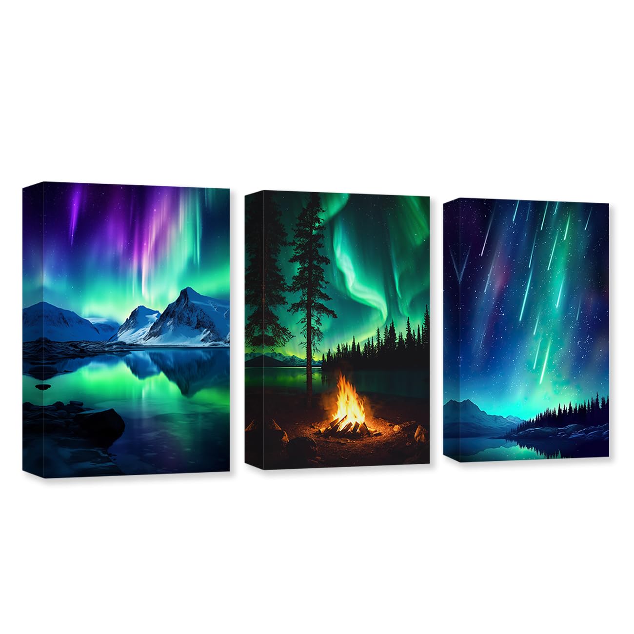 CXHOSTENT 3 Panels Aurora Borealis Canvas Wall Art Northern Lights Wall Decor Snow Mountain Lake Forest Bonfire Pictures Large Living Room Decor Frame (Aurora Borealis - 1, 11x14inchx3Pcs)