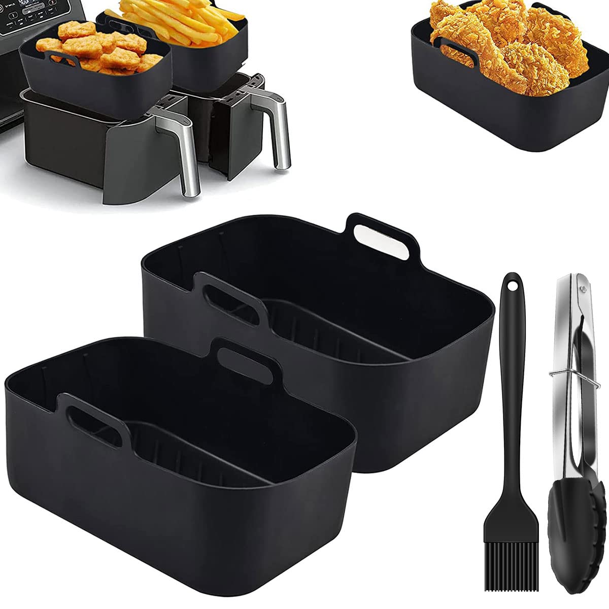 2PCS Silicone Pot for Ninja Air Fryer, Reusable Air Fryer Liner with Oil Brush BBQ Clip, Double Silicone Air Fryer Basket BPA Free Air Fryer Accessories for Air Fryer, Oven, and Microwave (B) — image 1