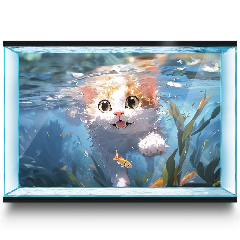 Aquarium Background Stickers - Cat, Fish, Water Self-Adhesive Fish Tank Reptile Terrarium Decor Poster (80 x 40 cm / (31.4 x 15.7 inches))