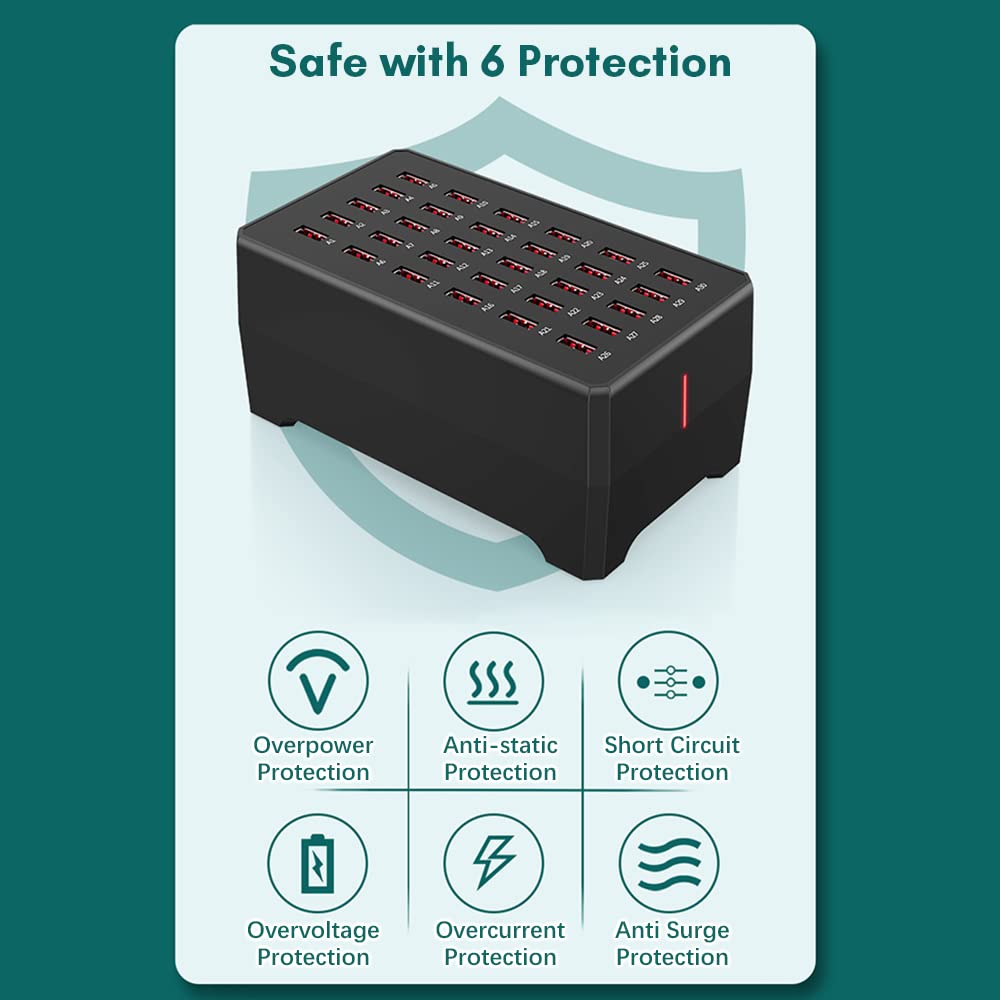 Docooler USB-Ladestation, 30 Ports USB-Buchse Tischladegerät, 150W Tischladegerät Compatible with den Einsatz in der Familie und im Büro