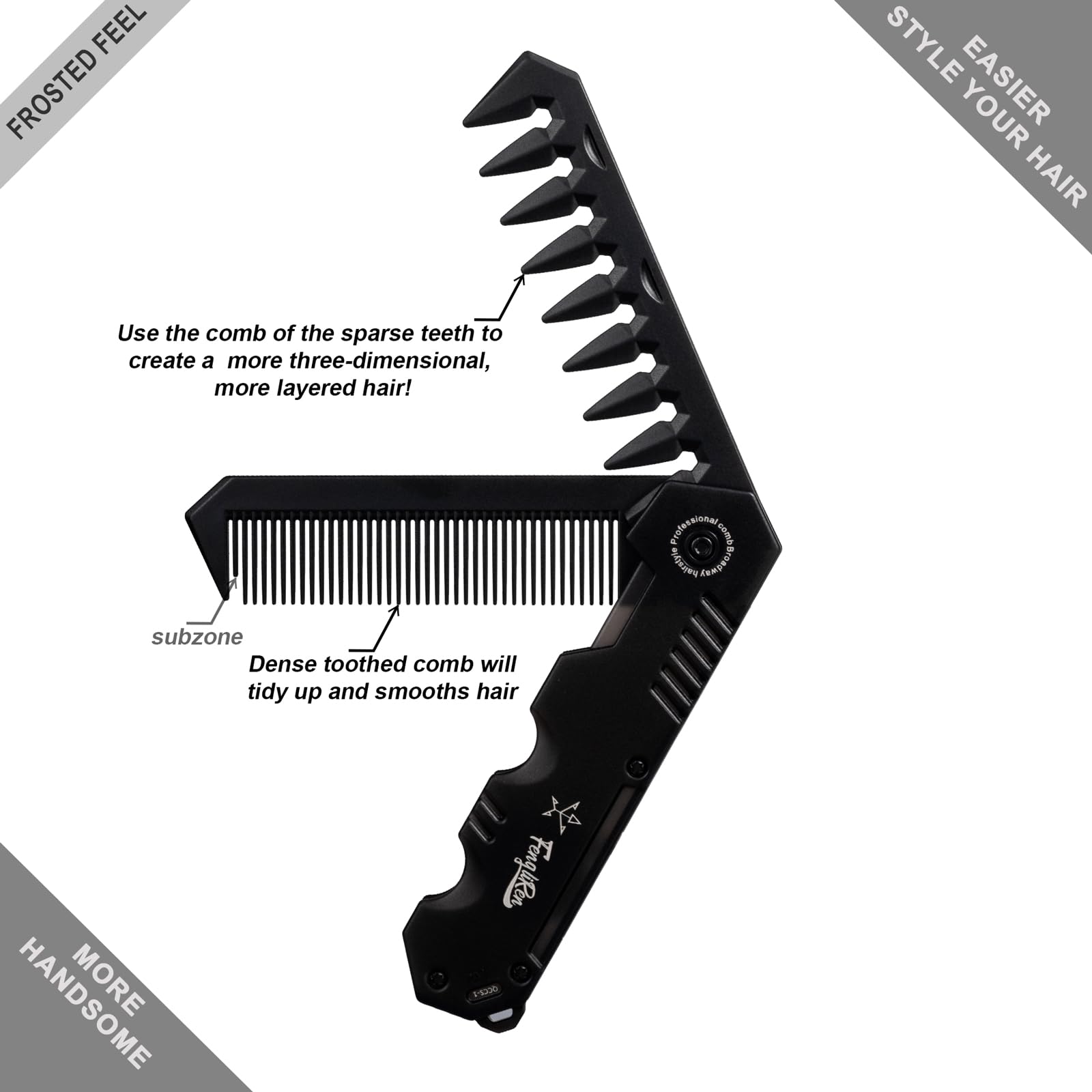 Protable - Peine plegable 2 en 1 para el cabello, peine de dientes anchos, bolsillo disperso para peinar cabello lacio, cabello rizado, barba, bigotes para hombres, peluquería (negro) 3