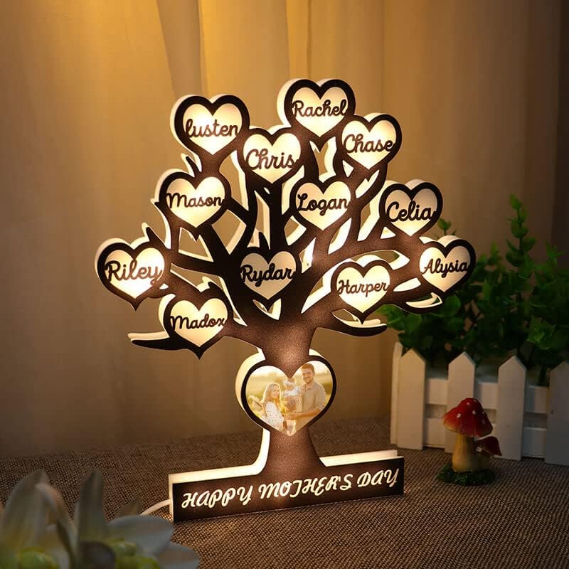 Personalized Name Mothers Day Family Tree Lights, Custom Photo Mothers Day Lamp,Family Tree Led Night Light with name, Mother's day light Gifts for Mom, Christmas Birthday Gifts for Grandma mom