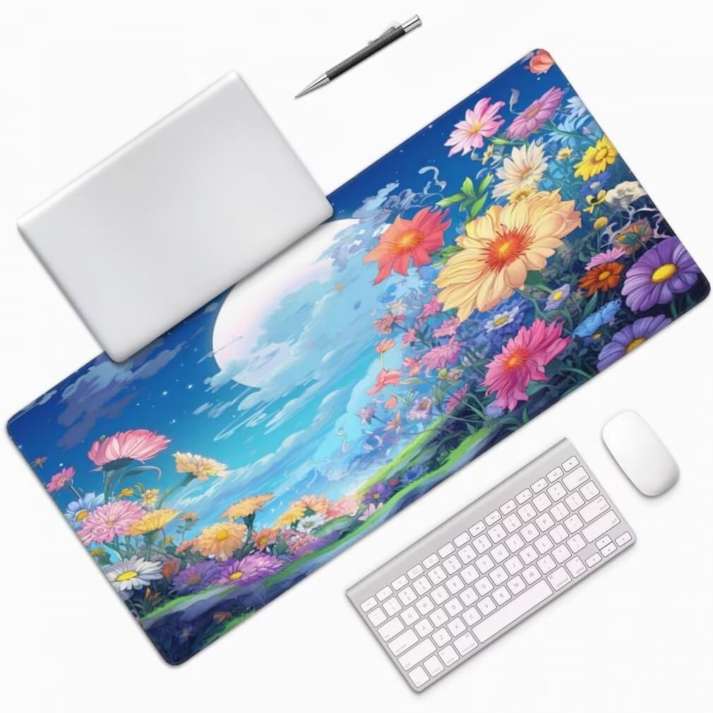 Tappetino Mouse XXL 1000x500mm Cielo Blu Grande Mouse Pad, Tappetino Scrivania Grande Mousepad Gaming con Bordi Cuciti, Tappeto Scrivania con Base Antiscivolo per Ufficio e Casa (Fiori) -MP1600