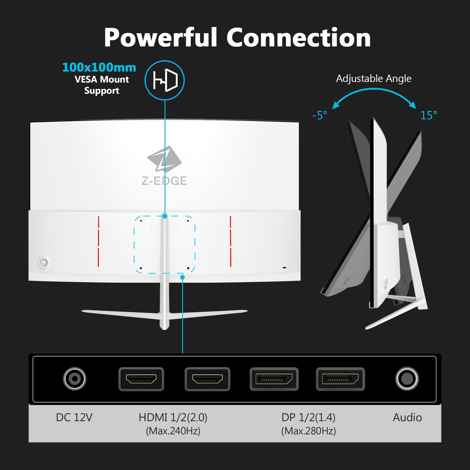 Z-Edge 27-calowy zakrzywiony ekran dla graczy PC Biały 300 Hz (DP1.4*2), 1ms, FreeSync, FHD, 240Hz (HDMI2.0*2), monitor do gier LED, regulowane nachylenie, HDR, VA, RGB, VESA (kabel DP w zestawie)
