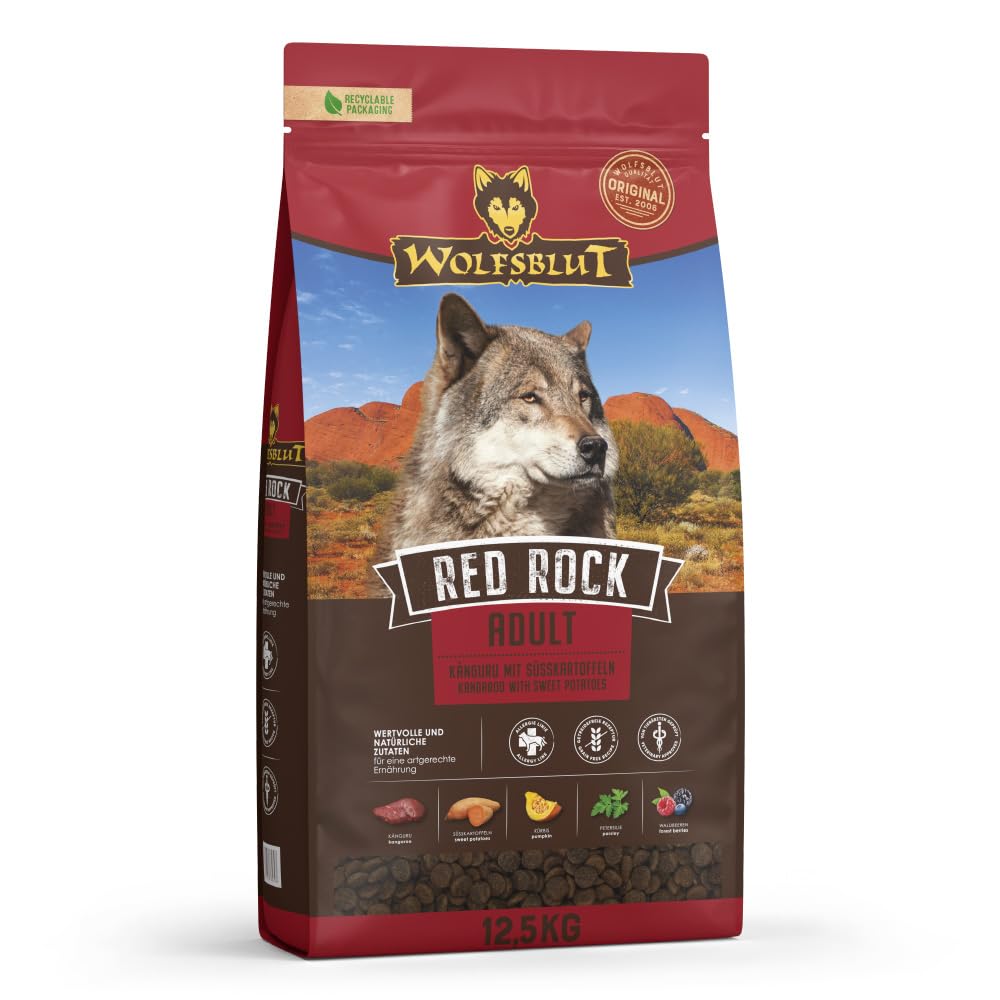 WOLFSBLUT – Red Rock Adult | Trockenfutter mit natürlichen Zutaten und wertvollen Superfoods für ausgewachsene Hunde. Getreidefreies Alleinfutter ohne Zusatzstoffe im Beutel | 12,5kg Känguru