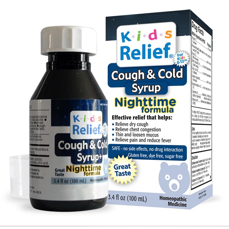 Kids Relief Cough & Cold Syrup Nighttime Formula for Kids 0-12, for Dry and Productive Cough, Caramel Flavor, Dye Free, No Added Sugar, 3.4 Fl Oz (Pack of 1)