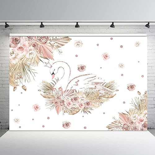 MEHOFOND Telón de fondo bohemio de cisne, hierba de las pampas, color oro rosa, para baby shower, fiesta, fotografía, fondo de fotografía de flores