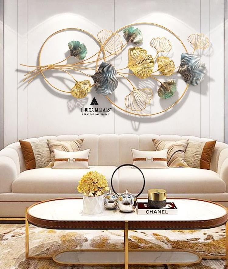 Modern Metal Wall Art Handcrafted Ginkgo Leaf Design | Golden & Teal | Decorative Wall Hanging for Living Room, Bedroom & Hallway | Premium Iron Wall Décor 42x20 inch (TREE-2-RING)