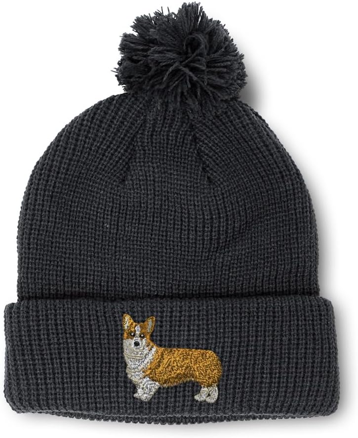 Pom Pom Beanies for Women Pembroke Welsh Corgi Dog B Embroidery Skull Cap Winter Hats for Men One Size