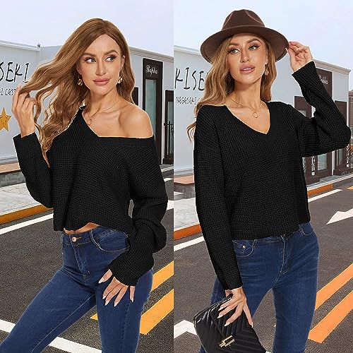Image of Women's V Neck Waffle Knit Cropped Top Long Sleeve Thick Pullover Crop Sweater