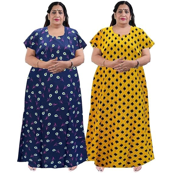 Image of OFEEFAN Women's Printed Cotton Floral Maxi Nighty - Round Neck, Full Length Nightwear Gown, Plus Size Nightdress | Combo of 2 Comfortable Sleepwear