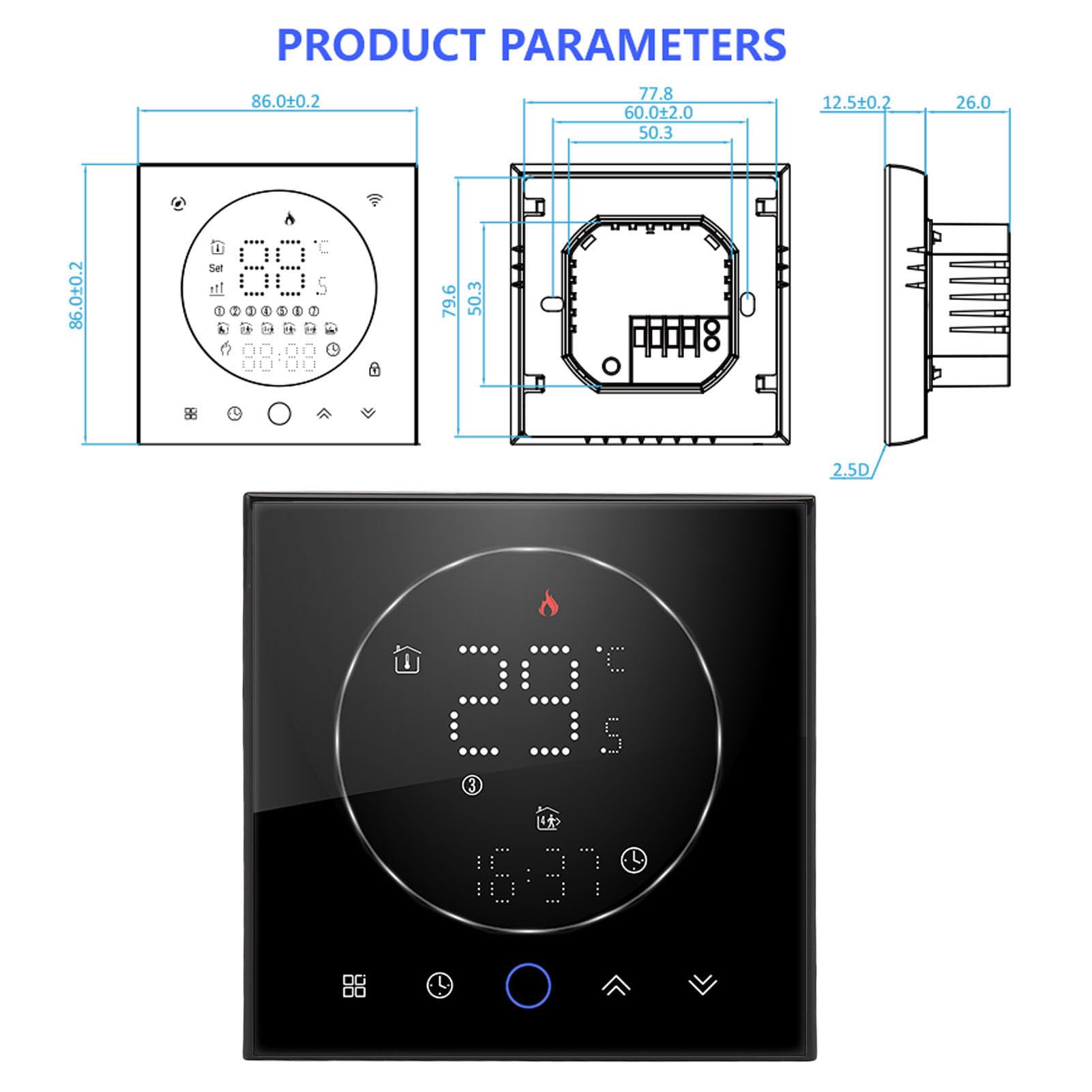 GLOGLOW Inteligentny Termostat Bezprzewodowy Programowalny Termostat na 7 Dni Harmonogram Tygodniowy 6 Okresów Programowalnych z Matrycowym Oświetleniem LED do Ogrzewania Domu (BLACK)