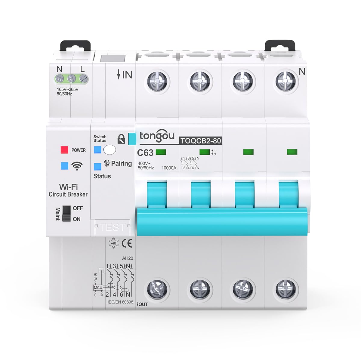 WIFI Intelligent Mini interruttore circuito con monitoraggio dell'energia, controllato da Tuya/Smart Life APP DIY TONGOU (regolabile 1-63A) (4P)