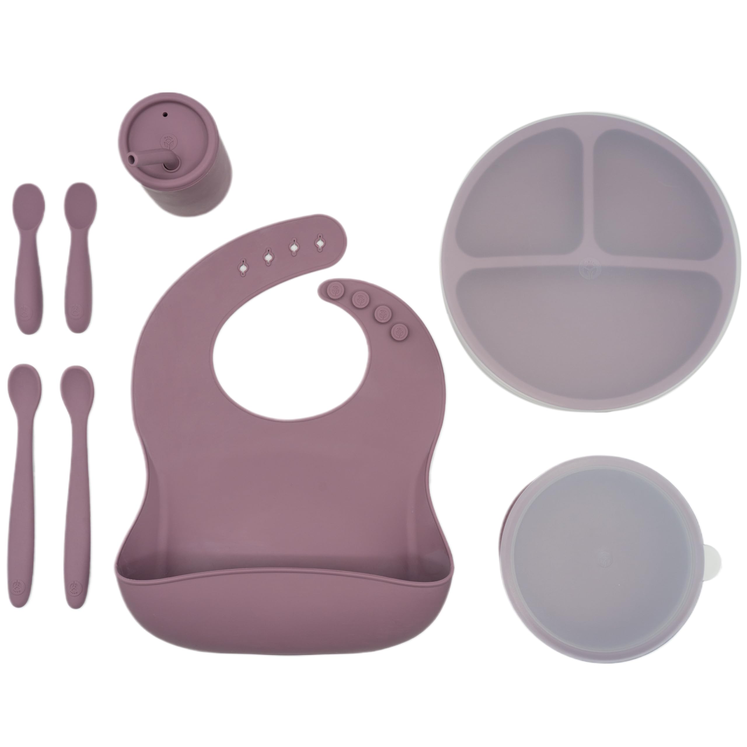 Kit de alimentación WeeSprout para bebés, tazón de silicona con ventosa, cuchara y babero, desarrolla la autoalimentación. Apto para lavavajillas. Morado.