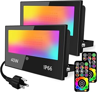 LED Flood Light Outdoor 400W Equivalent 4000LM, RGB Color Changing Floodlight with Timing Remote, 120 Colors and Warm White, IP66 Waterproof, US Plug, Yangcsl (Pack of 2)