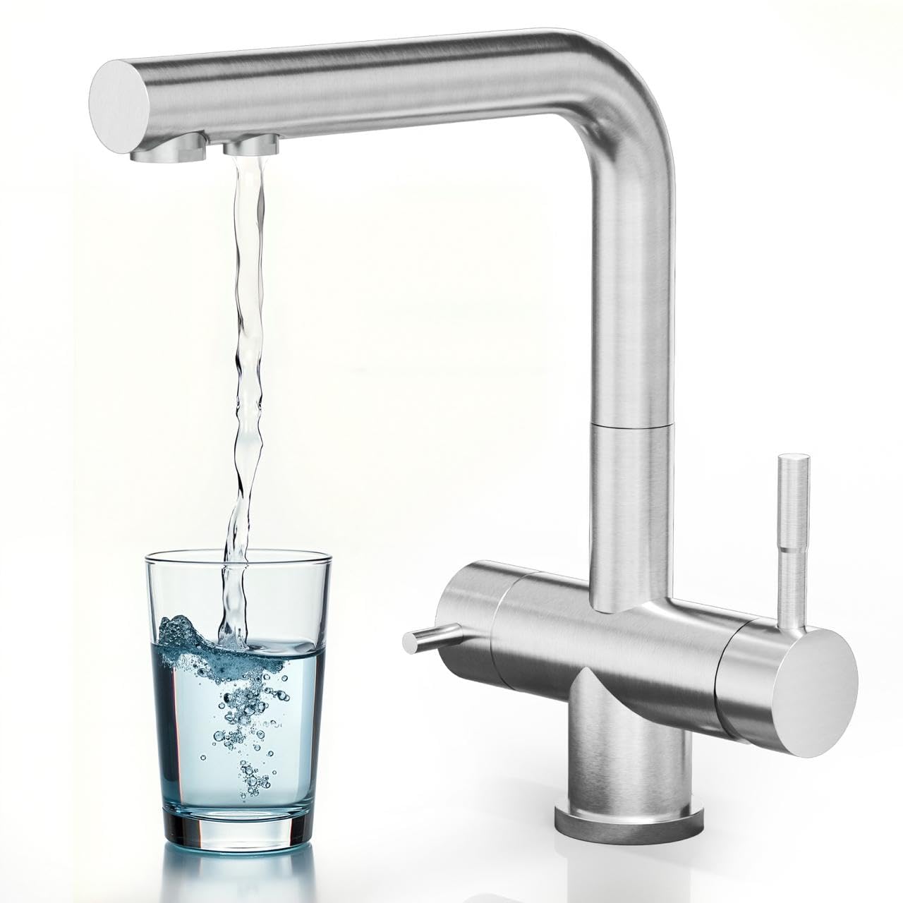 Neues Wasser Group Louis Inox Grifo para fregadero de cocina giratorio 360°, grifo de acero inoxidable 304, sistema de filtro de agua por ósmosis inversa de 3 vías cepillado mate