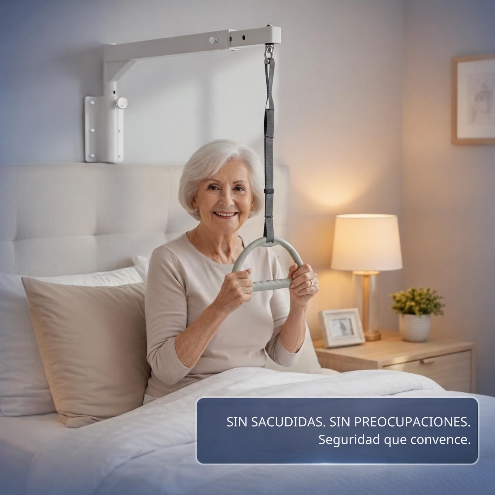 Elevador de cama blanco – ayuda estable para levantarse con mango triangular, soporta hasta 180 kg, altura ajustable