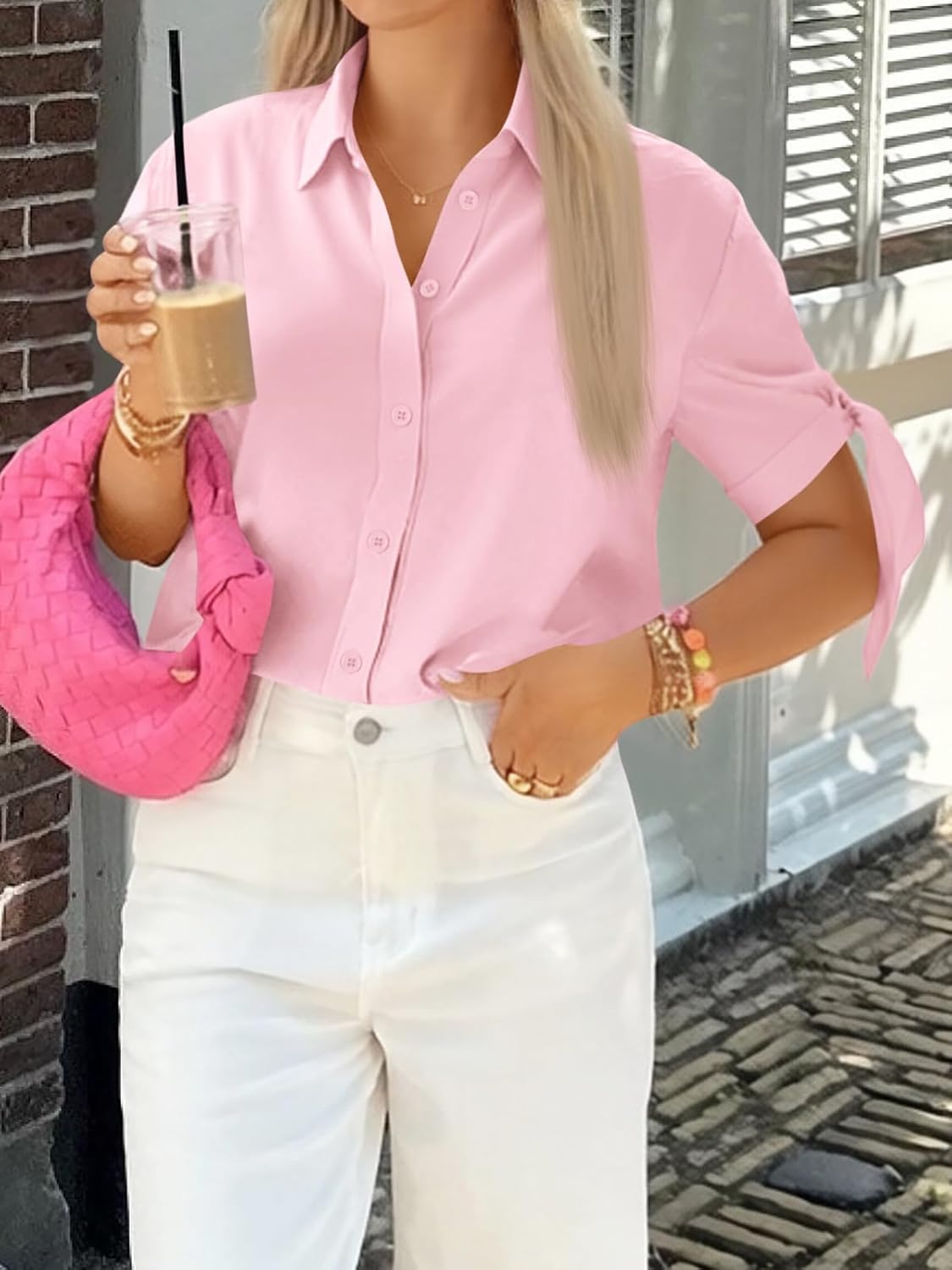 Cicy Bell Womens Short Sleeve Button Down Shirts Summer Casual Collared Tops Loose Fit Bow Blouses - Image 4